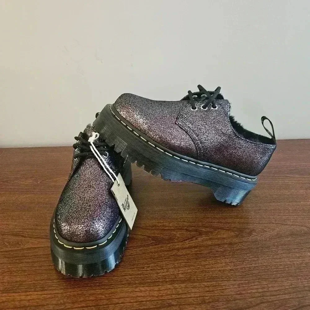 Dr. Martin's 1461 Quad Platform Derby Faux Fur Lined Shimmered Metallic Size 7